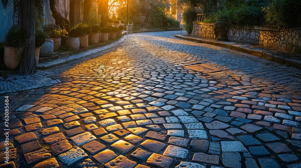 A cobblestone street bathed in the warm glow of dusk  its intricate pattern of stones casting long shadows.