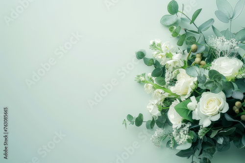 Background with flowers. A bouquet of white roses on a green background, a layout for the design of invitations, postcards, greetings.