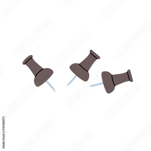 Push pins for noticeboard. Office thumb tacks, points. Black pushpins, thumbtack to fixation notes, memos. Drawing tools, stationery, supplies. Flat isolated vector illustration on white background