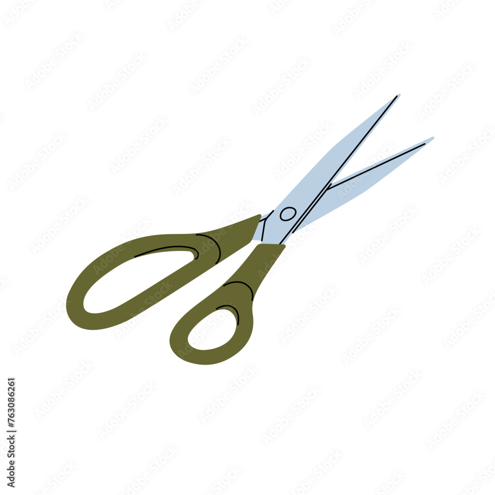 Open scissors to cut hair, paper. Tool of hairdresser, barber to create haircut. Stationery to creative craft, handmade. School, office supplies. Flat isolated vector illustration on white background Open scissors to cut hair, paper. Tool of hairdresser, barber to create haircut. Stationery to creative craft, handmade. School, office supplies. Flat isolated vector illustration on white background