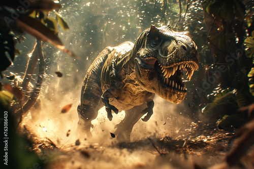 Tyrannosaurus rex dinosaur is roaring and running to hunt down fierce prey in a dusty jurassic jungle scene © stockdevil