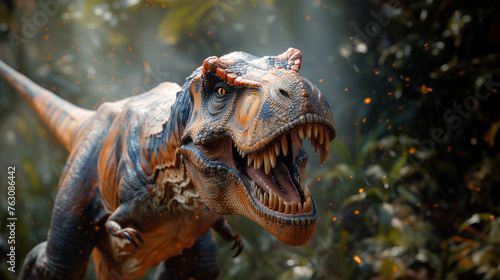Tyrannosaurus rex dinosaur is roaring and running to hunt down fierce prey in a dusty jurassic jungle scene