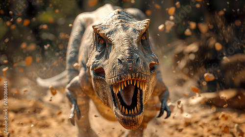 Tyrannosaurus rex dinosaur is roaring and running to hunt down fierce prey in a dusty jurassic jungle scene © stockdevil