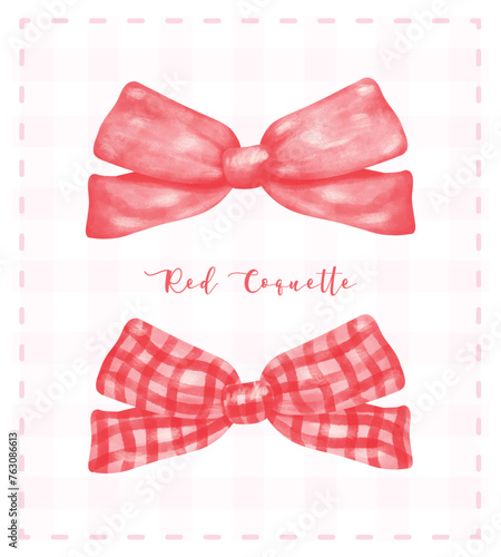 Trendy Red Coquette ribbon bow set aesthetic watercolor hand drawing