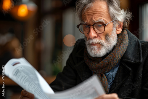 A man with glasses is reading a newspaper. He is wearing a scarf and he is focused on the paper