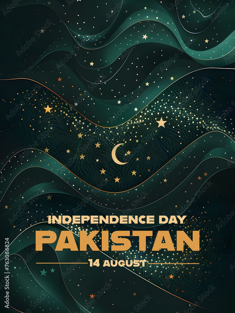 Artistic poster design celebrating Pakistan Independence Day with stars and crescent. - obrazy, fototapety, plakaty 