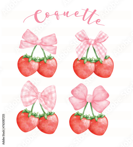 Coquette Strawberries with pink ribbon bow set, aesthetic watercolor hand drawing