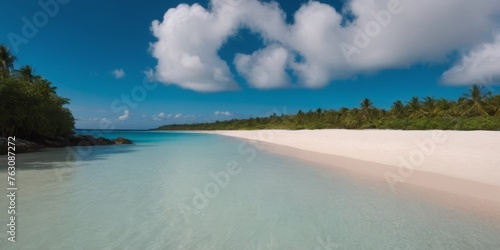 A beautiful beach with a clear blue ocean and a few palm trees. The sky is cloudy  but the beach is still a peaceful and relaxing place