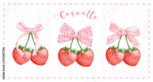 group of Coquette Strawberries with pink ribbon bow banner, aesthetic watercolor hand drawing