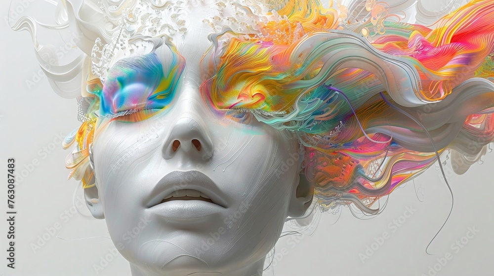 Hyperrealistic render of a mannequin head, pristine white plastic, with an explosion of rainbow colors streaming from the crown super detailed