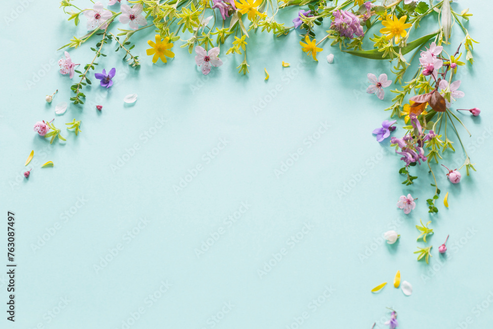 wild spring flowers on paper background - obrazy, fototapety, plakaty 