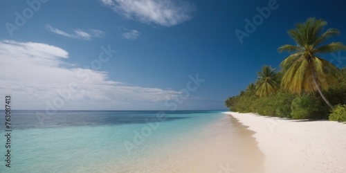 A beautiful beach with a clear blue ocean and a few palm trees. The sky is cloudy, but the beach is still a peaceful and relaxing place