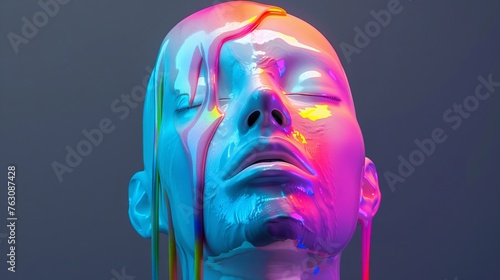 Futuristic representation of a human head, white plastic surface with rainbow liquid dripping, isolated on a dark background 3D render