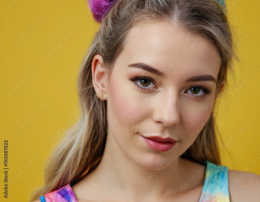 Naklejka premium A woman with long blonde hair is smiling at the camera. The bright yellow background adds a cheerful and lively atmosphere to the image