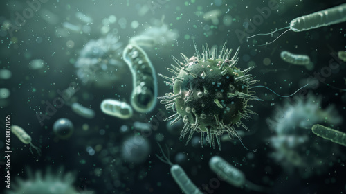 A cluster of stylized virus particles is floating against a dark background.