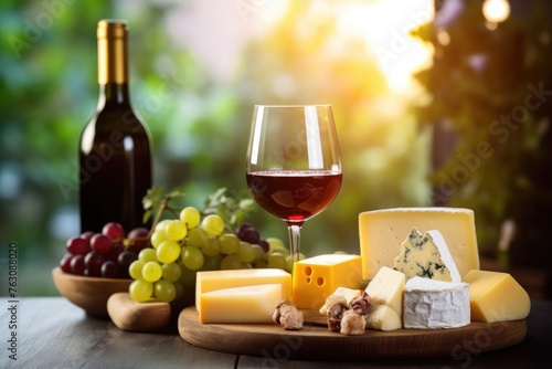 Wine with assorted cheese and grapes on board. Sumptuous Wine and Cheese Spread