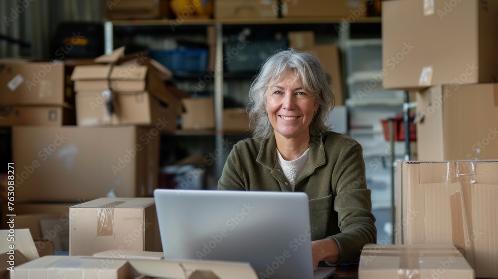 Small business owner is working on a laptop in the warehouse Small business owner is working on a laptop in the warehouse