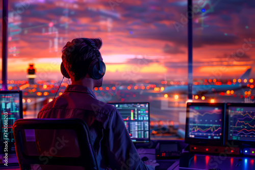 Flight Control: Air Traffic Controllers Manage Departures and Arrivals from Tower with Navigation Screens and Panoramic Views photo