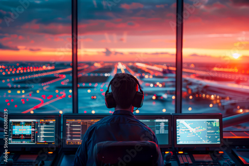 Sky High Operations: Air Traffic Controllers in Action at Airport Tower with Navigation Screens and Panoramic Views
