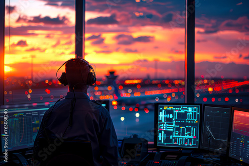 Airport Tower Communication: Air Traffic Controllers Manage Departures and Arrivals with Navigation Screens and Panoramic Views