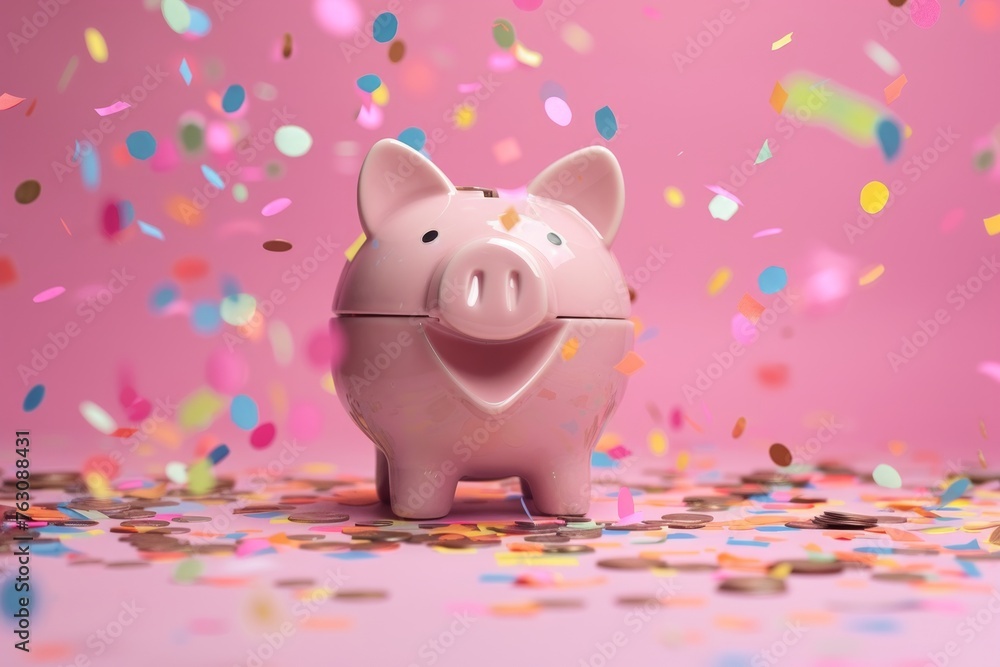 Pink piggy coin bank on pink background with falling multicolored confetti Pink piggy coin bank on pink background with falling multicolored confetti