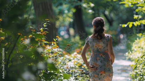 Pregnant girl on a walk in the park. Girl with a belly in the city park. Future mom is walking in the park.