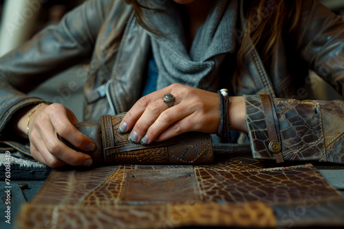Crafting perfection: Female leather-craftsman's hands skillfully working with natural leather blanks