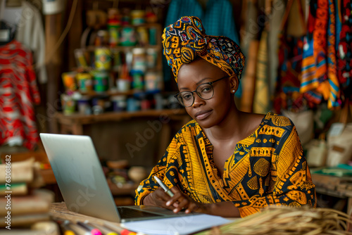 Creative African Entrepreneur Multitasking in Craft Workshop: Female Shop Owner Taking Notes and Using Laptop for Business Management. photo