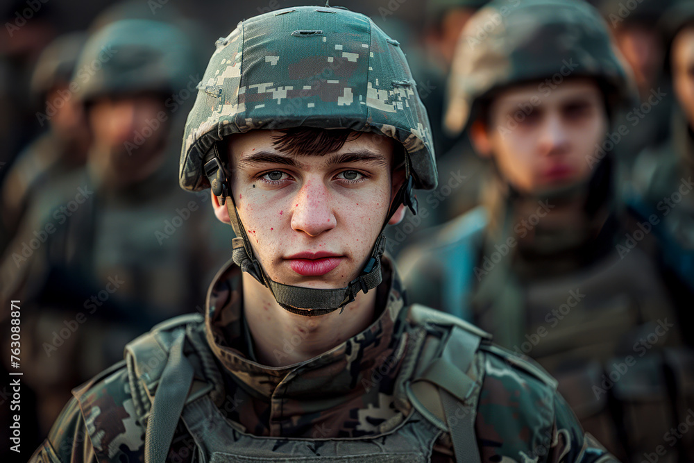 Brave Warrior: A Stunning Portrait of a Male Soldier in Military Uniform Surrounded by Comrades Brave Warrior: A Stunning Portrait of a Male Soldier in Military Uniform Surrounded by Comrades