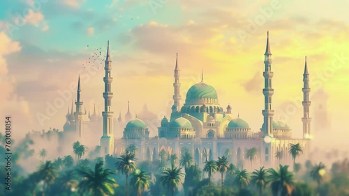 Beautiful mosque in the middle of a palm grove, eid mubarak, ramadhan kareem.  photo