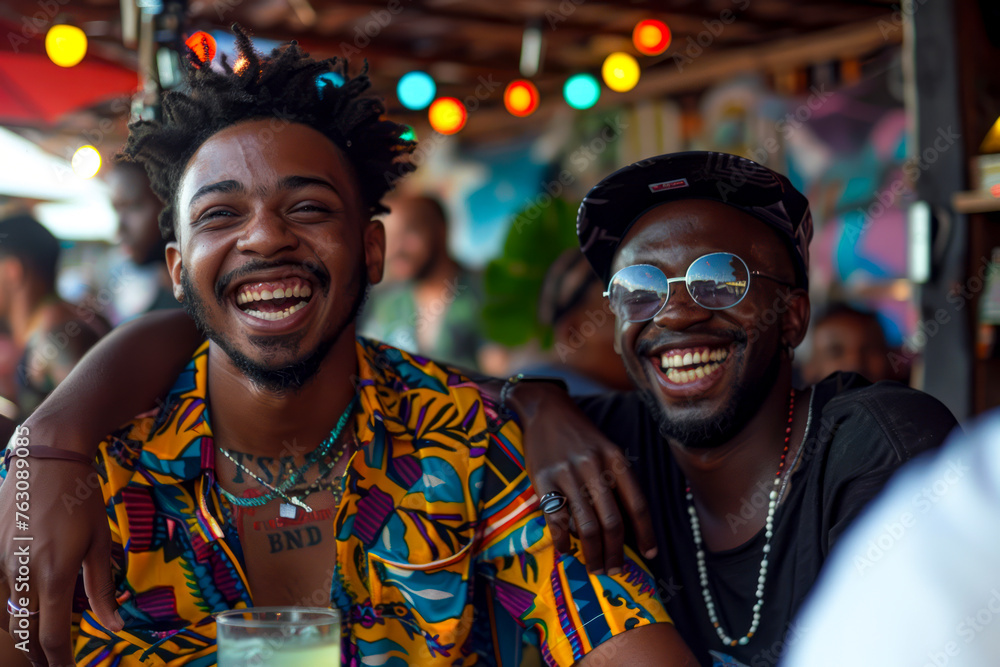 Obraz premium Joyful Trio: Young Men Enjoying Soccer Matches and Sharing Laughter at the Bar