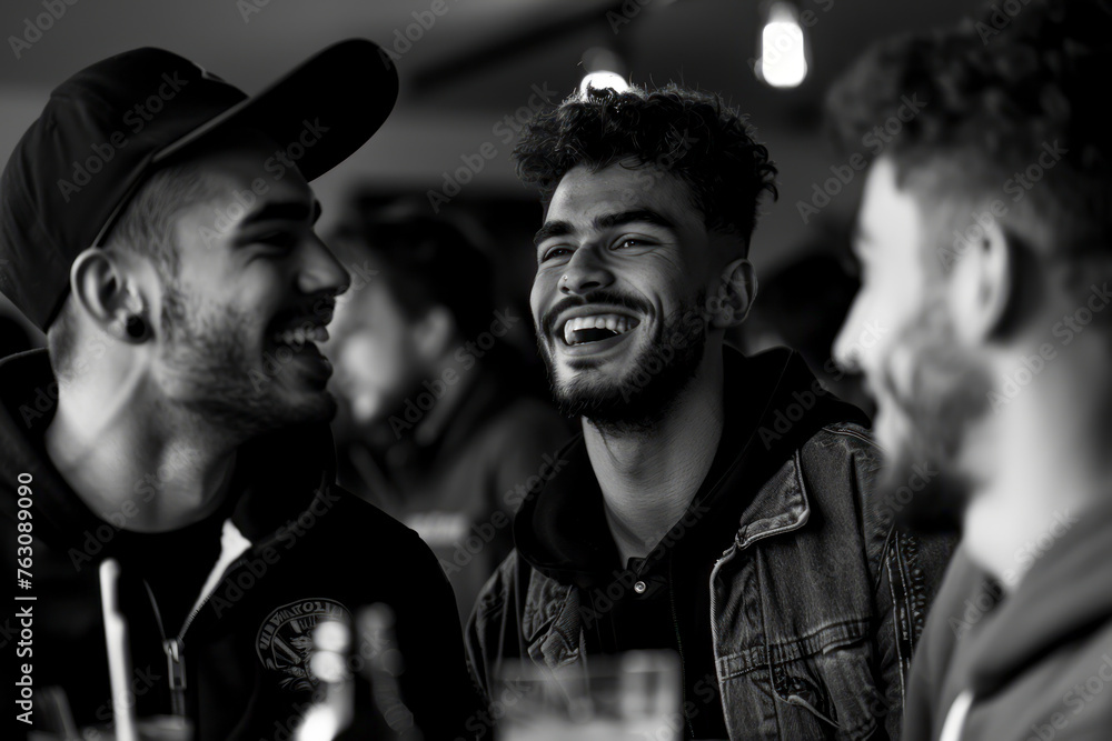 Fototapeta premium Joyful Trio: Three Men Cheering at the Bar During Soccer Matches