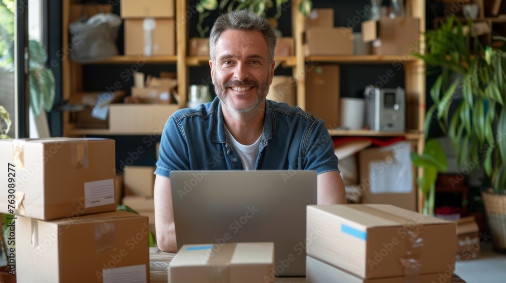 Small business owner is working on a laptop in the warehouse Small business owner is working on a laptop in the warehouse