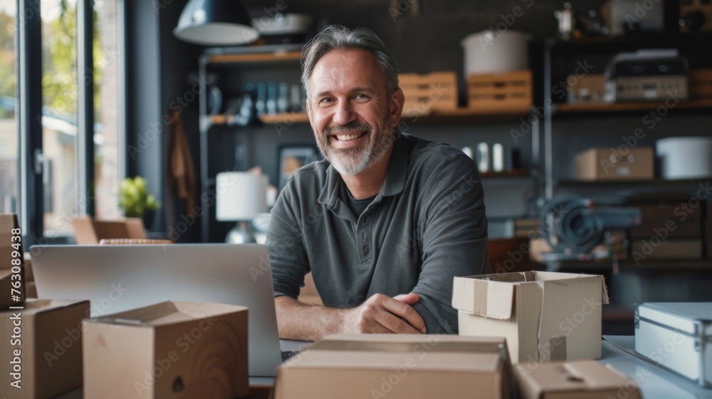 Small business owner is working on a laptop in the warehouse Small business owner is working on a laptop in the warehouse