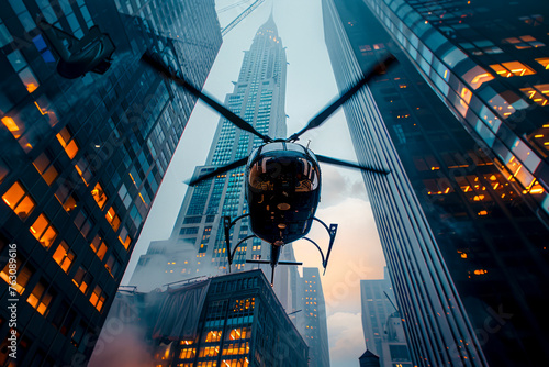 Urban Skyline: Black Helicopter Soars Amidst Skyscrapers in the City photo