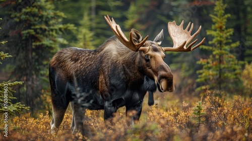 Majestic moose forages in dense Canadian forest © MAY