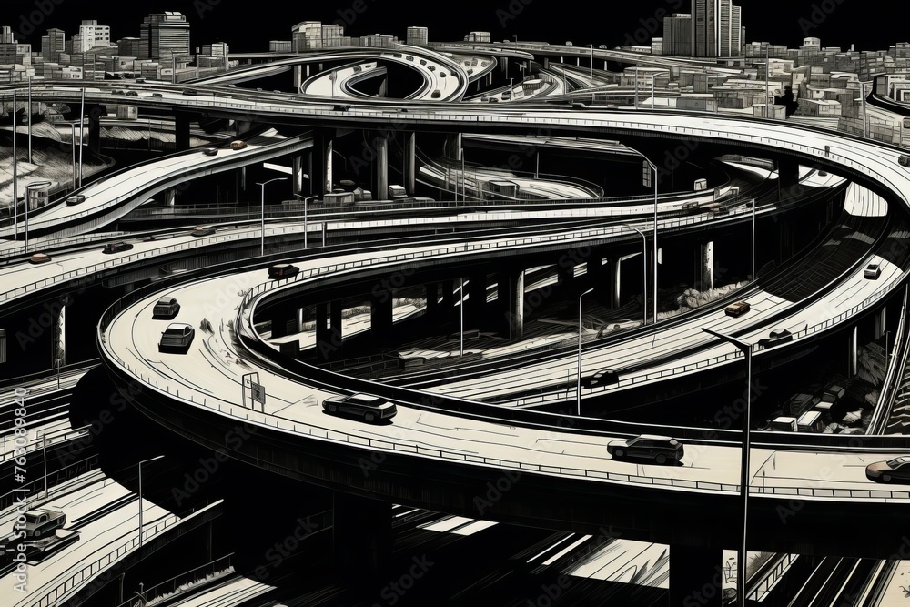 A black and white view of a busy highway with multiple cars navigating through lanes, entering, and exiting. The traffic flow is constant, with vehicles moving in different directions - obrazy, fototapety, plakaty 