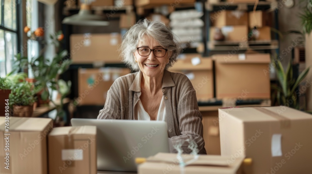 Small business owner is working on a laptop in the warehouse Small business owner is working on a laptop in the warehouse