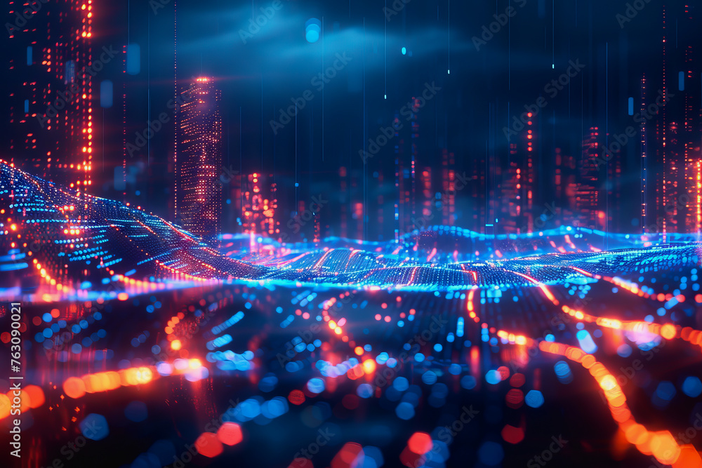 Obraz premium cyber security futuristic, dynamic data stream digital binary big data, and blockchain transactions