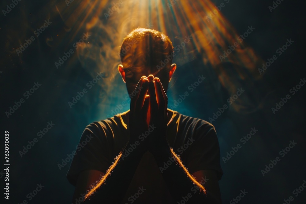 Praying man with hands with palms together contrasted with beam of light on dark isolated gradient background. Top view. Praying man with hands with palms together contrasted with beam of light on dark isolated gradient background. Top view.