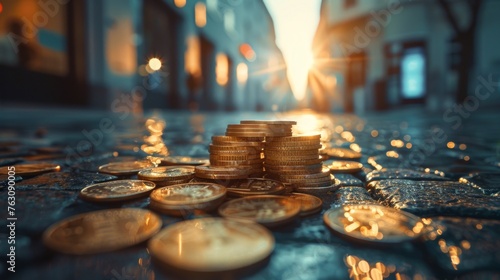 Stacked Coins on Wet Street, Economic Growth Concept