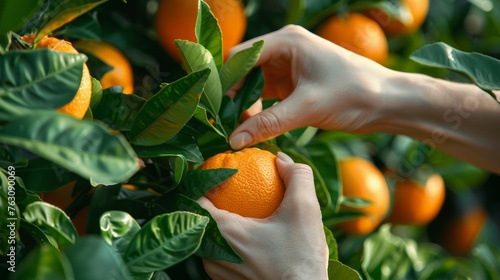 Citrus grove with hands plucking a ripe orange from the tree