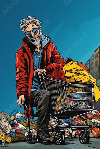 An elderly homeless man is seen pushing a shopping cart filled with garbage on the street. He appears to be navigating through the urban environment, collecting discarded items along the way