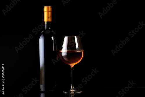 Amber wine elegantly served in a glass with a bottle alongside, on a black surface. Refined Wine Tasting Setup