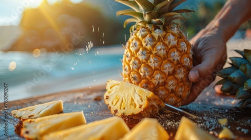 Tropical island with hands slicing a fresh pineapple on the beach.