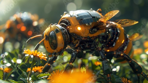 Future vision of solar powered robotic bees pollinating urban gardens