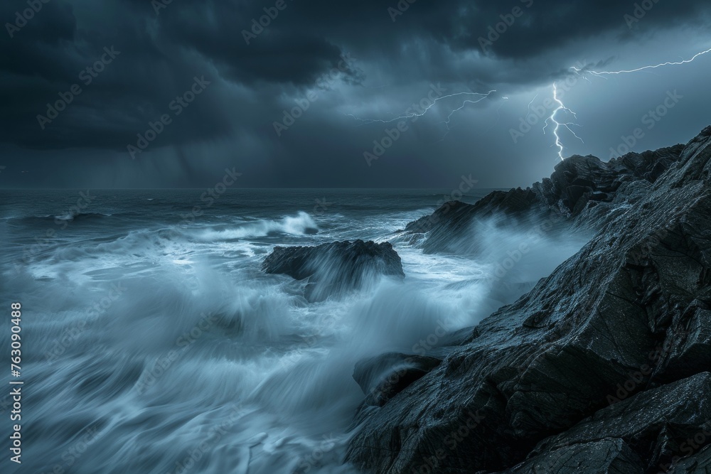 Fototapeta premium Intense storm, crashing waves, ominous sky, lightning flashes, Generative AI