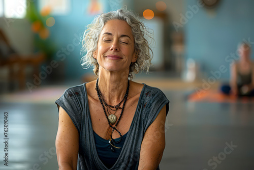 Serene middle-aged woman meditating with a confident smile in a yoga studio, eyes closed. © Fernando Cortés