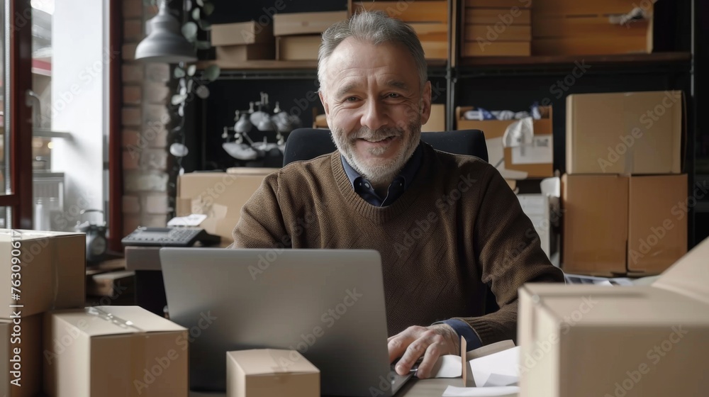 Small business owner is working on a laptop in the warehouse Small business owner is working on a laptop in the warehouse