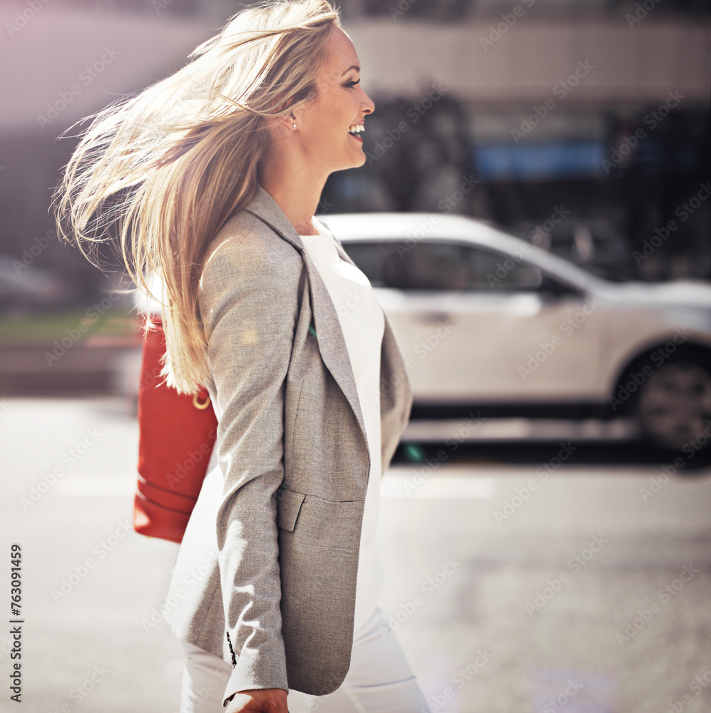 Business, woman and walking city for travel commute to downtown office building, journey or urban street. Female person, smile and corporate professional in New York for morning, trip or sunshine Business, woman and walking city for travel commute to downtown office building, journey or urban street. Female person, smile and corporate professional in New York for morning, trip or sunshine